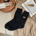 Thick black wool blend socks with snowflake pattern and brown puppy dog embroidery - Black