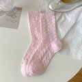 Chaussettes roses en dentelle à volants avec maille ajourée et motif de nœuds - Rose