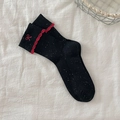 Japanese style black cotton socks with red lace trim and embroidered bow decoration - Black