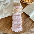 Roze gebreide beenwarmers met witte kanten ruches en dubbele strikjes - Roze / Golftextuur