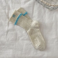 Creamy white crew socks with blue lace trim and bow embroidery in Japanese vintage style - Milk Beige