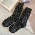 Retro dark grey wool mid-tube socks with white polka dots and ribbed cuffs for winter - One Size / Dark Gray