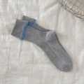 Grey lace socks with blue bow embroidery and wave trim for a sweet Japanese style - Light Gray
