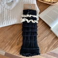 Jambières noires en tricot avec bordure en dentelle crème et nœuds en satin doux - Noir / Côte Verticale