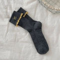 Dark charcoal grey ribbed mid-calf socks with yellow ruffle trim and bow embroidery - Dark Gray