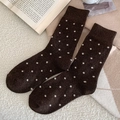 Brown wool mid-calf socks with white polka dots for winter warmth and cozy styling - One Size / Dark Coffee