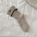 Oatmeal ribbed crew socks with black scalloped trim and embroidered bows for women - Brown