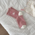 Pink cotton crew socks with frilly edges and cute embroidered bow patterns for women - Pink Base Bunnies
