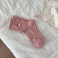 Pink crew socks with ruffle trim, black polka dots, and mushroom embroidery on soft cotton - Pink with White Polka Dots