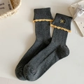 Ballet style dark grey knit socks with yellow bow embroidery and ruffle trim edge - One Size / Dark Gray