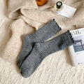 Thick wool blend socks in dark grey with blue bow embroidery and ruffled edge cuffs - One Size / Dark Gray