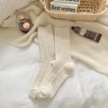 Beige cable knit wool stockings for winter warmth with a classic thick ribbed texture - One Size / White