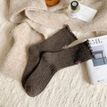 Deep brown wool socks featuring ruffled cuffs and delicate pink bow embroidery details - One Size / Coffee