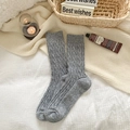 Warm light grey cable knit wool socks for winter, thick mid-calf thermal hosiery - One Size / Light Gray