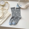 Calze a metà polpaccio grigie stile giapponese con strisce blu e ricamo a - Stile Giapponese con Stampa a Pois / Grigio con Lettera a