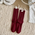 Calze a metà polpaccio bordeaux in maglia con filato nep e toppa con lettere - Taglia unica / Riga Rossa Sottile