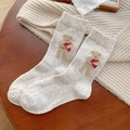 Beige wool blend crew socks featuring a cute 3D plush bear with a red heart - One Size / White