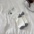 Cream-white crew socks with grey heels and cute bear embroidery for daily wear - White Bear Embroidery (JLW720)