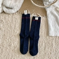 Calze a metà polpaccio in maglia a coste blu scuro con fiocchi bianchi e righe rosse - Taglia unica / Blu Notte