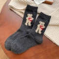 Dark grey wool socks with cute teddy bear and red heart design in mid-calf length - One Size / Dark Gray