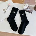 Japanese style black wool socks with white bow embroidery and ruffled cuffs - Black