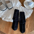 Sweet ballet-style black mid-calf cotton socks featuring three delicate ribbon bows - One Size / Black