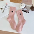 Pink rib-knit crew socks with bow embroidery and faux shearling trim details - Pink