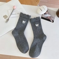 Sweet grey wool socks with white bow embroidery and wavy lace trim for winter warmth - Gray (White Bow)