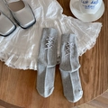 Gray ballet style ribbed socks featuring three delicate white bows on the back heel - One Size / Gray