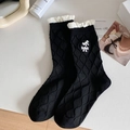 Damen Socken in Schwarz mit weißem Rüschenrand, Schleifenverzierung und Kunstperlen - Schwarz