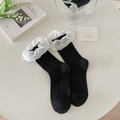 Lace ruffle mid-calf socks in black with white eyelet trim and fine ribbed texture - One Size / Black