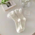 Creamy white mid-calf socks with elegant wide lace trim and ribbed knit cotton - One Size / White