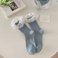 Sweet light blue mid-calf socks with white lace trim and vertical ribbed texture - One Size / Blue