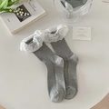 Sweet light grey crew socks with delicate white lace trim and vertical ribbed texture - One Size / Light Gray