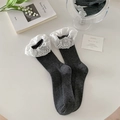 Dark grey ribbed mid-calf socks featuring white lace trim and delicate eyelet embroidery - One Size / Dark Gray