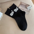 Schwarze Socken im japanischen Stil mit weißem Cartoon-Katzenmuster und gerippten Bündchen - Einheitsgröße / Schwarz