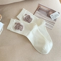 Chaussettes mi-hautes en maille crème avec motif d'ours en peluche 3D pour femme - Taille unique / Blanc