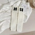 Jambières blanches en tricot côtelé avec nœuds noirs pour style JK Lolita - Blanc avec noeud noir