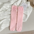Jambières roses en tricot avec nœuds pour tenues de style Lolita et JK - Rose avec noeud rose