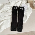Jambières noires en maille côtelée avec nœuds gris à pois pour style JK Lolita - Noir avec noeud à pois