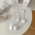 Sweet white crew socks with black polka dots and delicate lace mesh trim for women - One Size / White