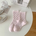 Pink crew socks with black polka dots and white lace trim edge for a sweet style - One Size / Pink