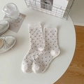 Creamy polka dot crew socks with white lace trim and minimalist mesh ruffle detail - One Size / Beige