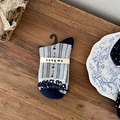 Calze retrò in cotone blu navy con bordi a volant e fantasia floreale vintage - Grigio a Righe Floreale