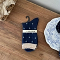 Calze blu navy retrò a fiori con bordi a volant e fiocco dolce in stile vintage - Bordo a Volant Floreale Blu Marino