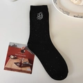 Chaussettes mi-mollet noires en fil confettis avec broderie florale blanche pour femme - Taille unique / Noir