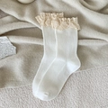 Calze bianche con bordo in pizzo beige e trama a costine verticali in stile Lolita - Taglia unica / Bianco