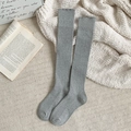 Grey cotton knit over-the-knee socks with vertical stripes in a cozy autumn setting - One Size / Light Gray