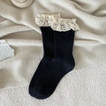 Calze nere in cotone con pizzo bianco e trama a coste verticali in stile coreano - Taglia unica / Nero