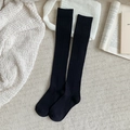 Knee high black ribbed socks for women with classic vertical stripes in minimalist style - One Size / Black